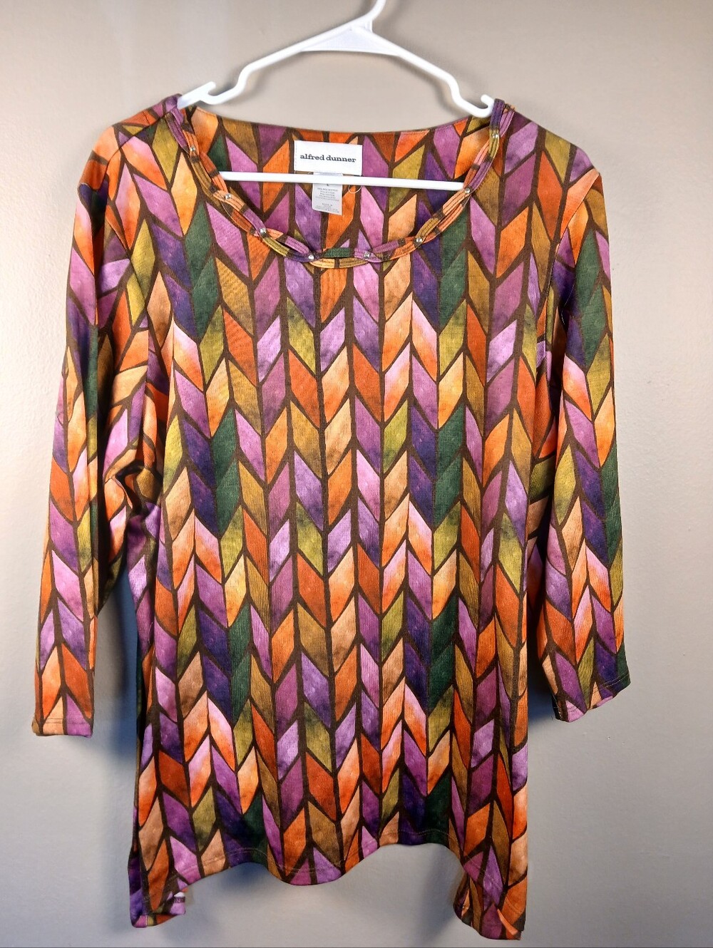 Alfred Dunner Women's Top Lg 3/4 Sleeve boat Stained Glass Mosaic Pattern Sz L
